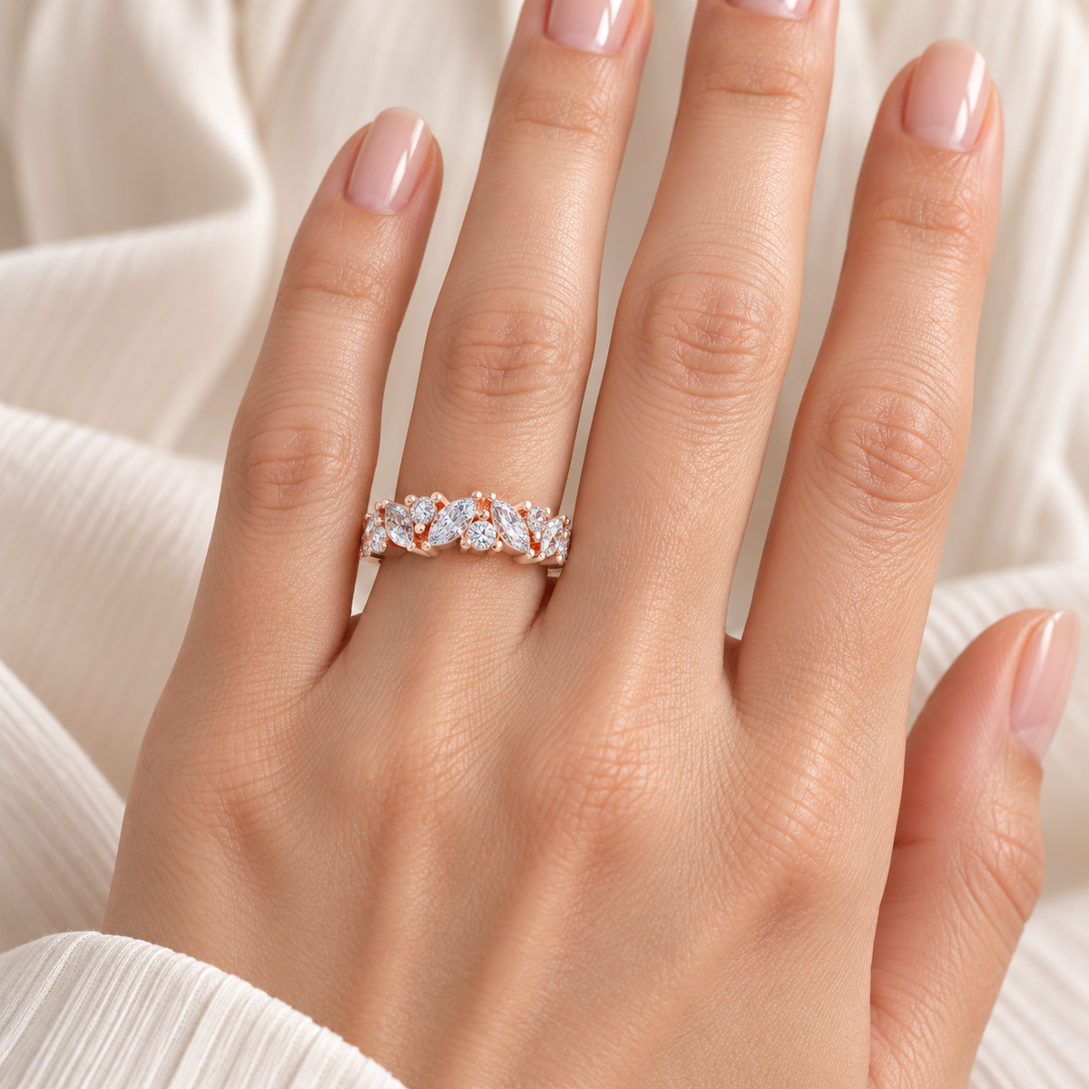 ELVORIQUE Leaves of Light Marquise & Round Lab-Grown Diamond Ring in Rose Gold