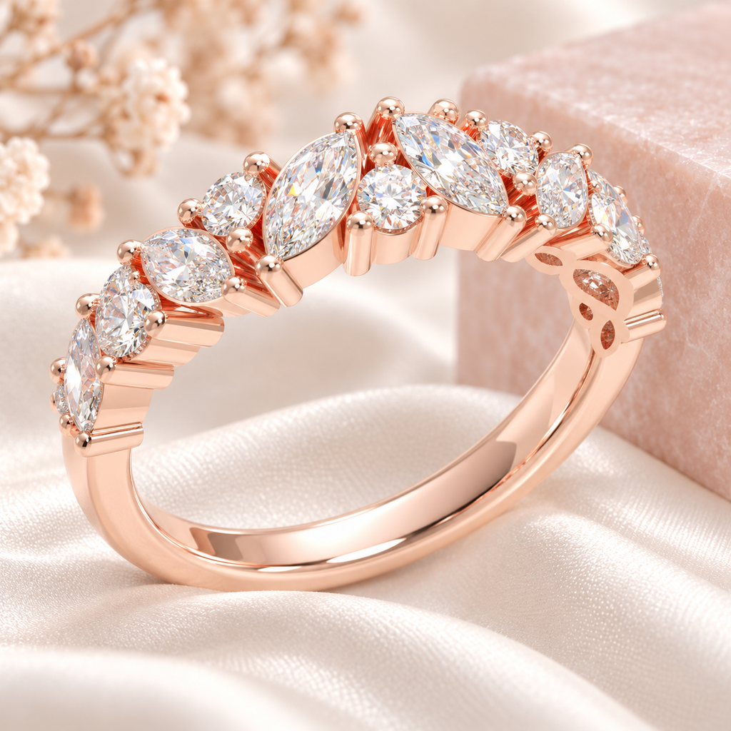 ELVORIQUE Leaves of Light Marquise & Round Lab-Grown Diamond Ring in Rose Gold