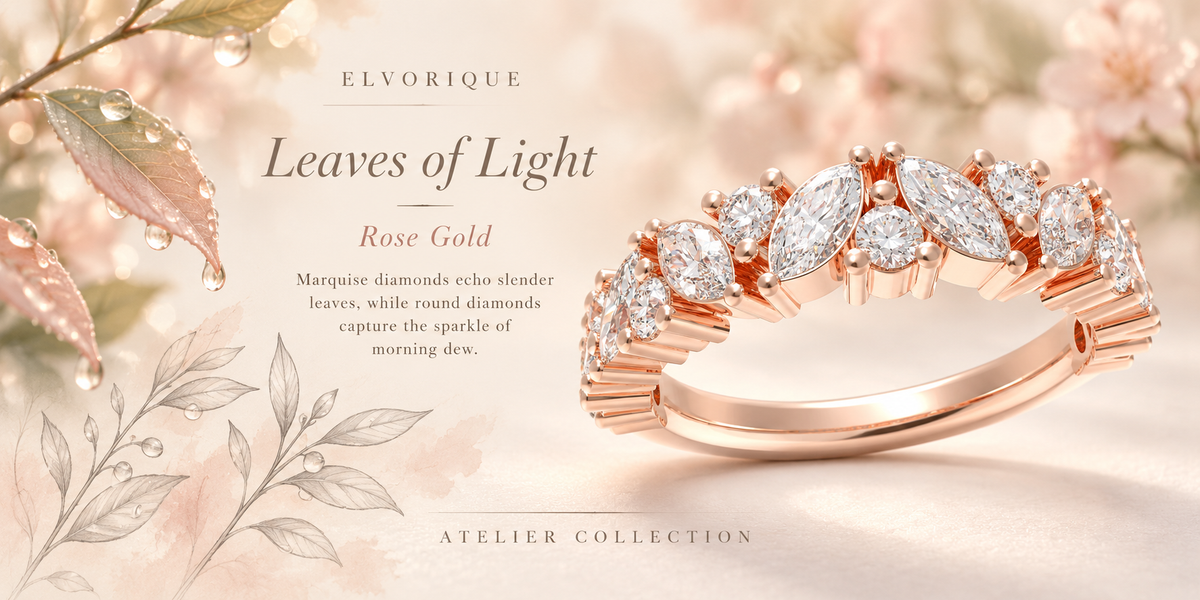 ELVORIQUE Leaves of Light Marquise & Round Lab-Grown Diamond Ring in Rose Gold