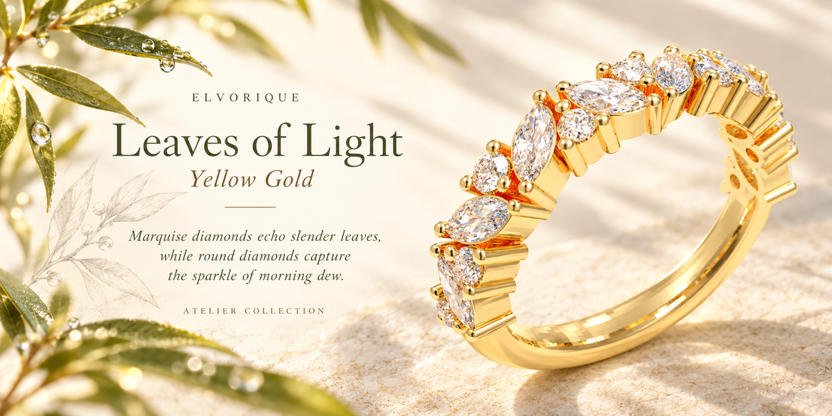 ELVORIQUE Leaves of Light Marquise & Round Lab-Grown Diamond Ring in Yellow Gold