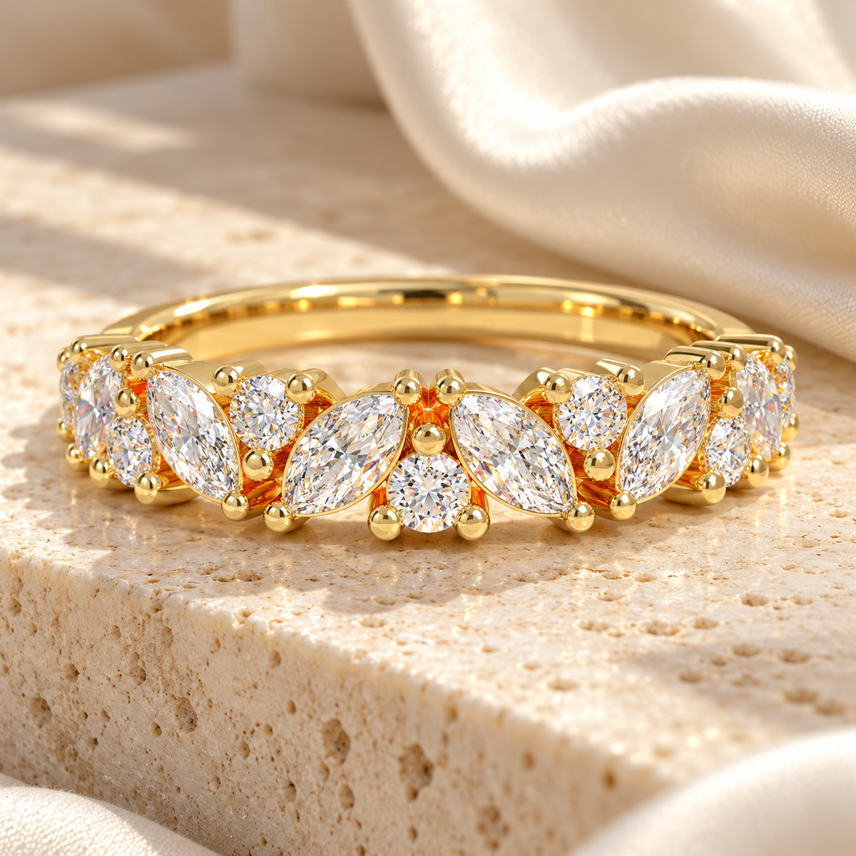 ELVORIQUE Leaves of Light Marquise & Round Lab-Grown Diamond Ring in Yellow Gold