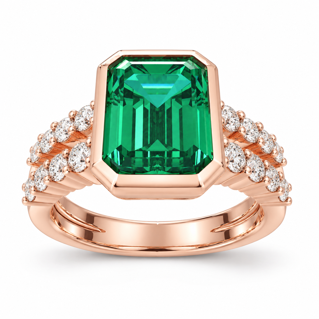 ELVORIQUE Rose Architecture Lab-Grown Emerald Ring in Rose Gold