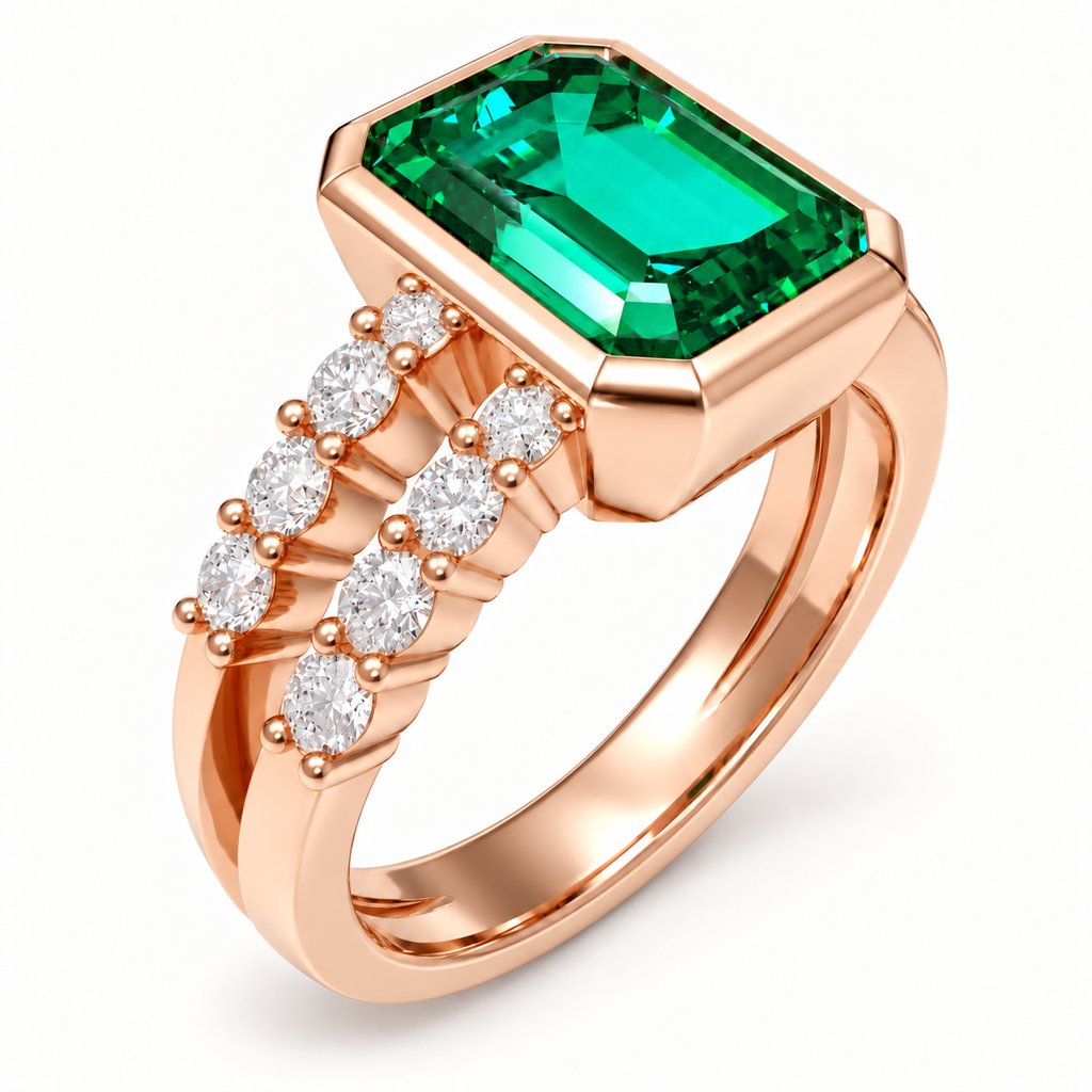 ELVORIQUE Rose Architecture Lab-Grown Emerald Ring in Rose Gold
