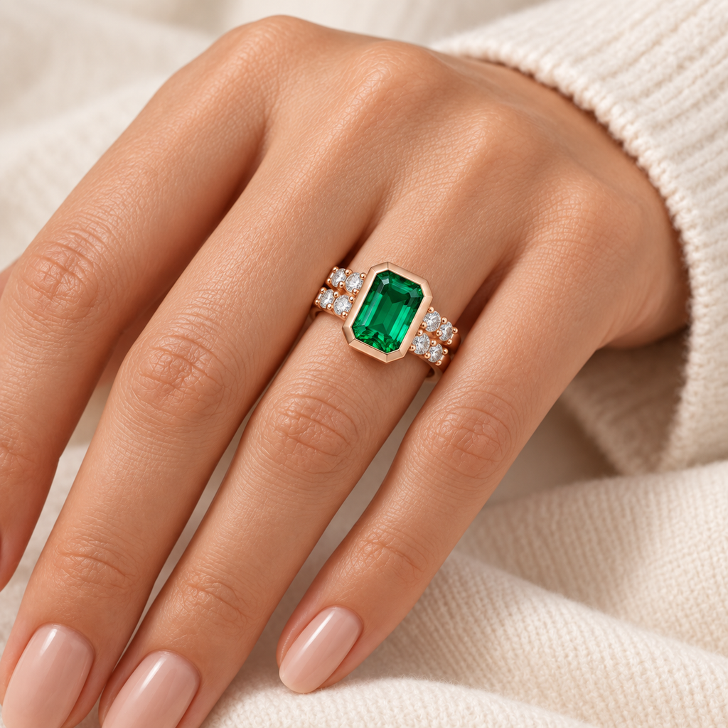 ELVORIQUE Rose Architecture Lab-Grown Emerald Ring in Rose Gold