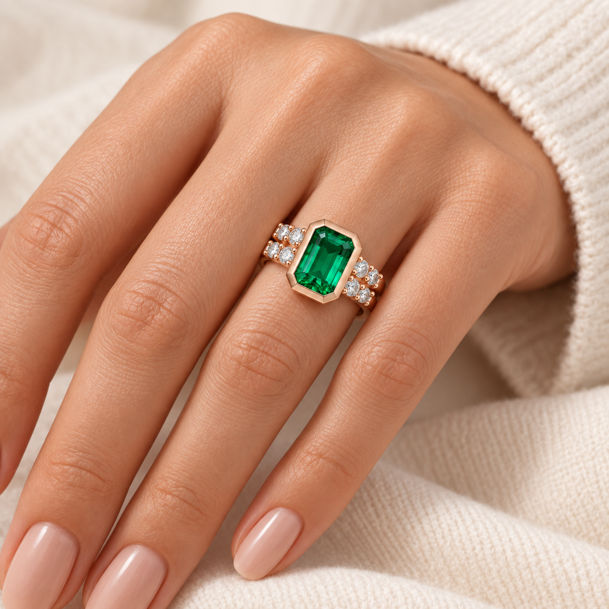 ELVORIQUE Rose Architecture Lab-Grown Emerald Ring in Rose Gold
