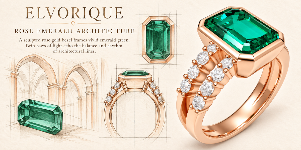 ELVORIQUE Rose Architecture Lab-Grown Emerald Ring in Rose Gold