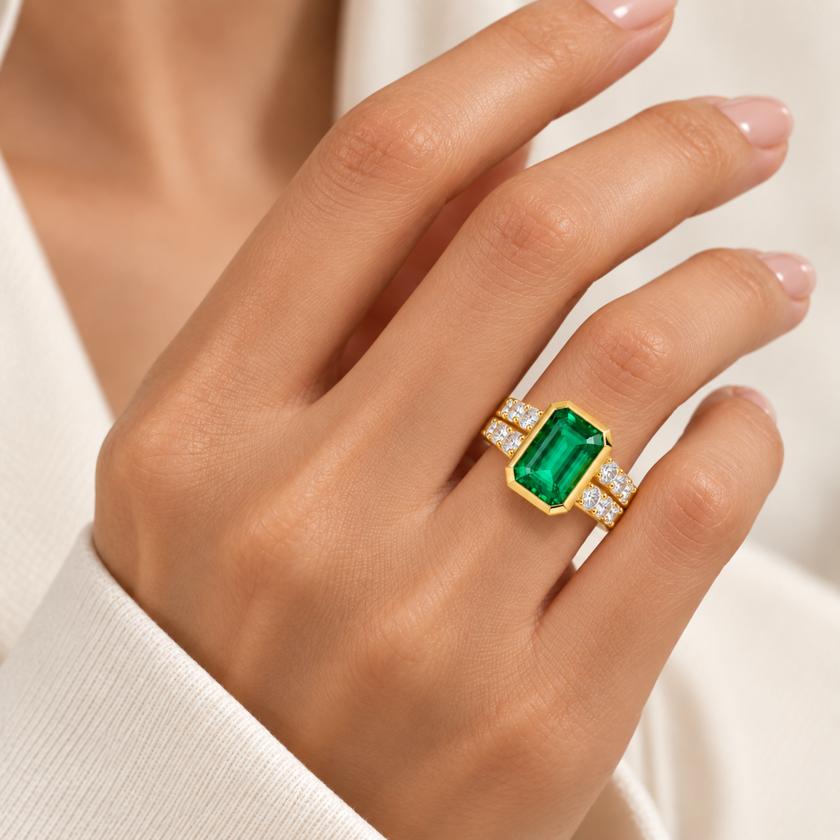 ELVORIQUE Golden Architecture Lab-Grown Emerald Ring in Yellow Gold
