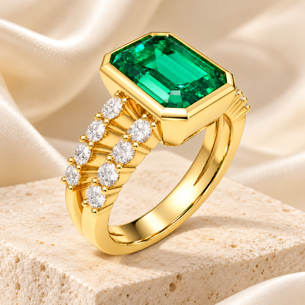 ELVORIQUE Golden Architecture Lab-Grown Emerald Ring in Yellow Gold