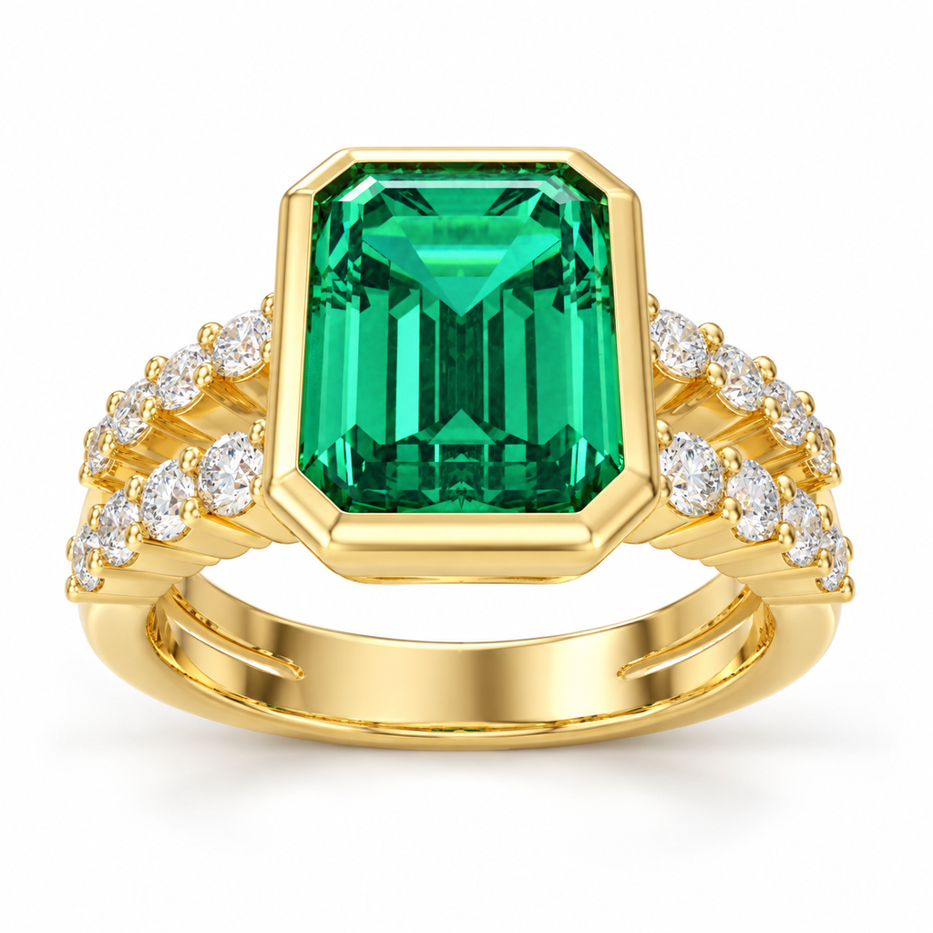 ELVORIQUE Golden Architecture Lab-Grown Emerald Ring in Yellow Gold