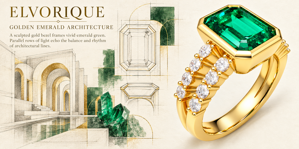 ELVORIQUE Golden Architecture Lab-Grown Emerald Ring in Yellow Gold