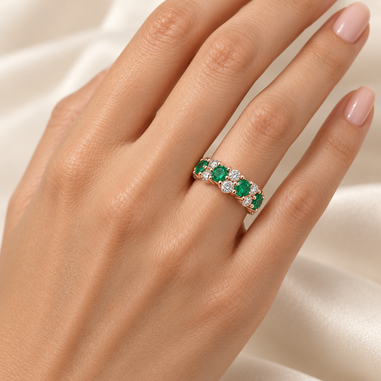 Verdant Constellation Lab-Grown Emerald & Diamond Cluster Ring in Rose Gold