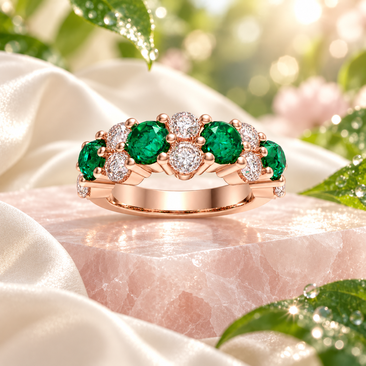 Verdant Constellation Lab-Grown Emerald & Diamond Cluster Ring in Rose Gold