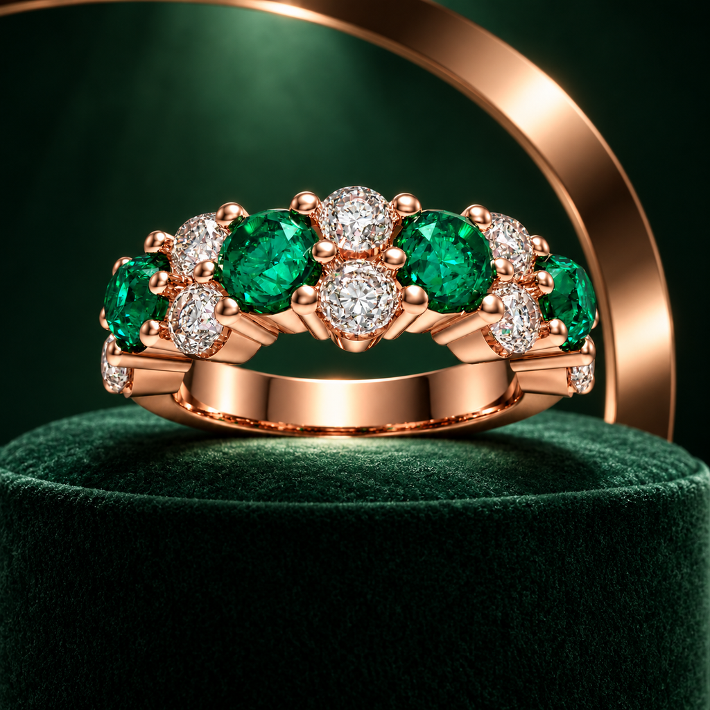 Verdant Constellation Lab-Grown Emerald & Diamond Cluster Ring in Rose Gold