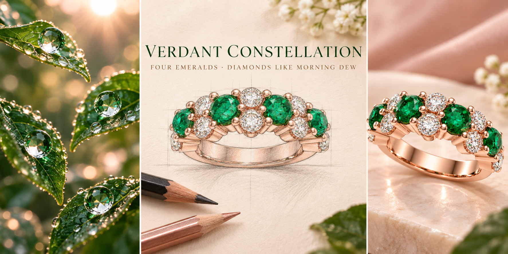 Verdant Constellation Lab-Grown Emerald & Diamond Cluster Ring in Rose Gold