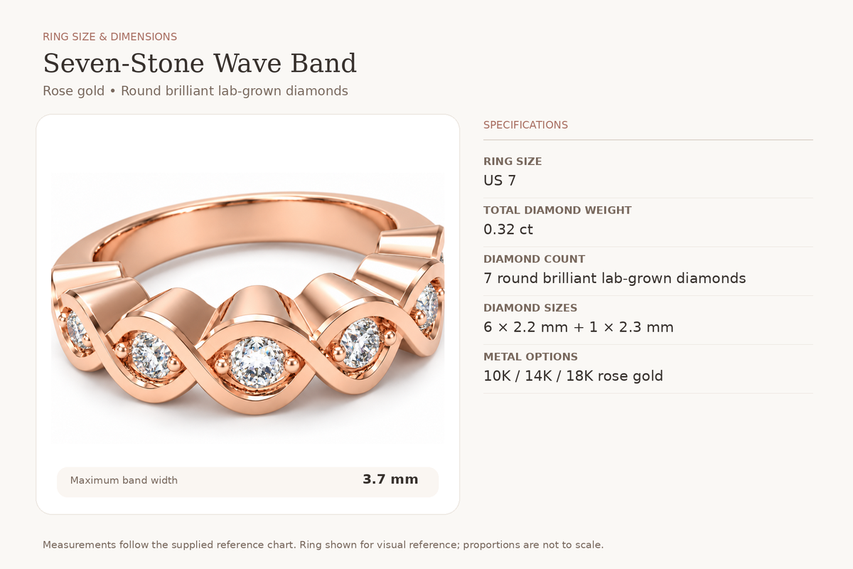 ELVORIQUE seven-stone wave diamond band with 0.32 ct total weight of round brilliant lab-grown diamonds in polished rose gold