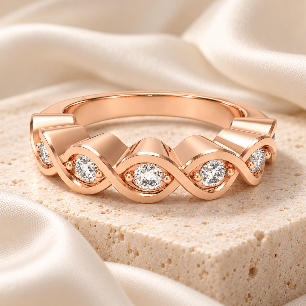 ELVORIQUE seven-stone wave diamond band with 0.32 ct total weight of round brilliant lab-grown diamonds in polished rose gold