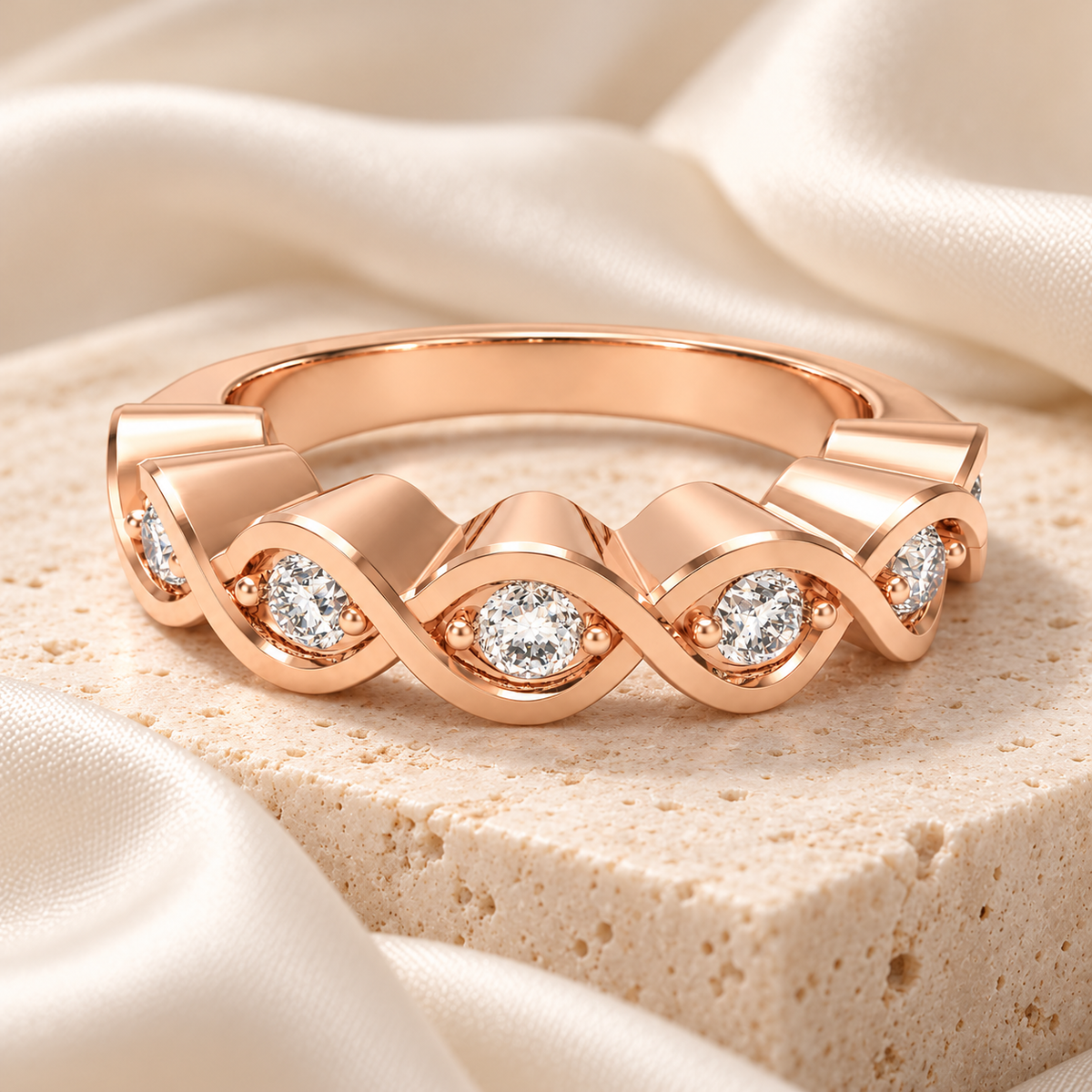 ELVORIQUE seven-stone wave diamond band with 0.32 ct total weight of round brilliant lab-grown diamonds in polished rose gold
