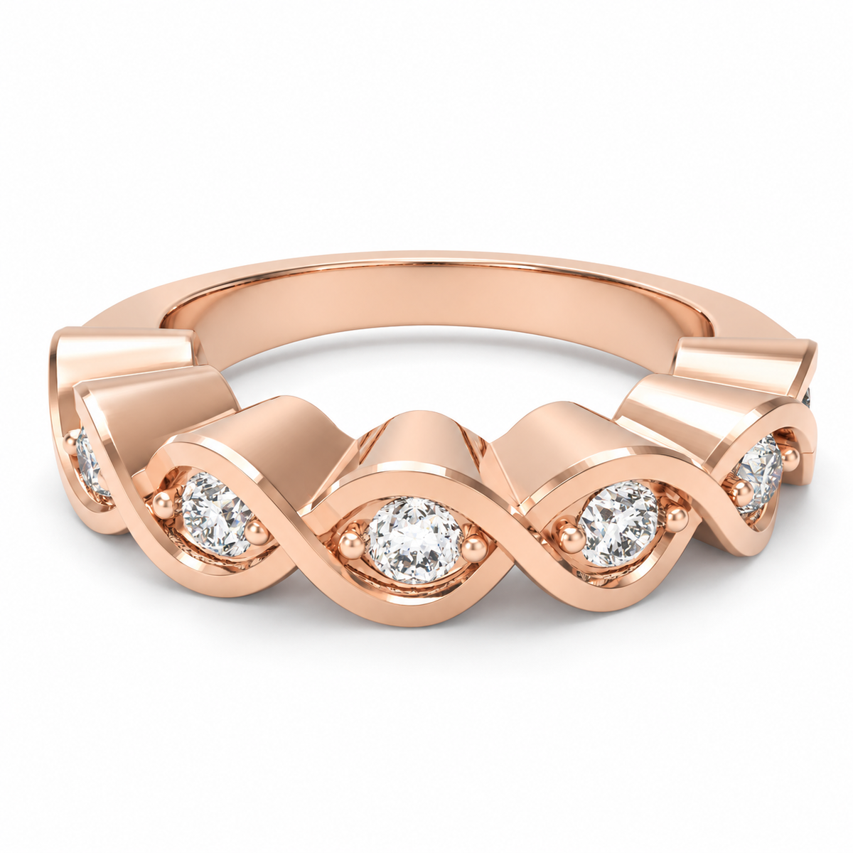 ELVORIQUE seven-stone wave diamond band with 0.32 ct total weight of round brilliant lab-grown diamonds in polished rose gold