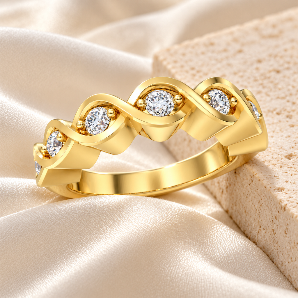 ELVORIQUE seven-stone wave band with 0.32 carat total weight of round brilliant lab-grown diamonds in polished yellow gold