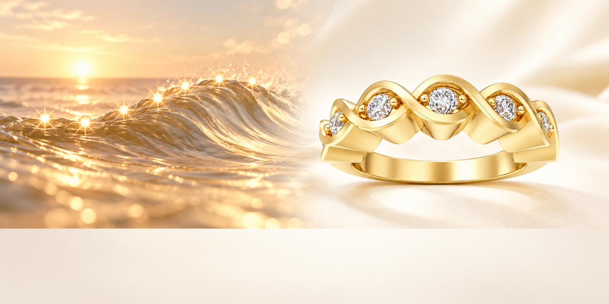 ELVORIQUE Seven-Stone Wave Lab-Grown Diamond Band in 10K, 14K or 18K Yellow Gold