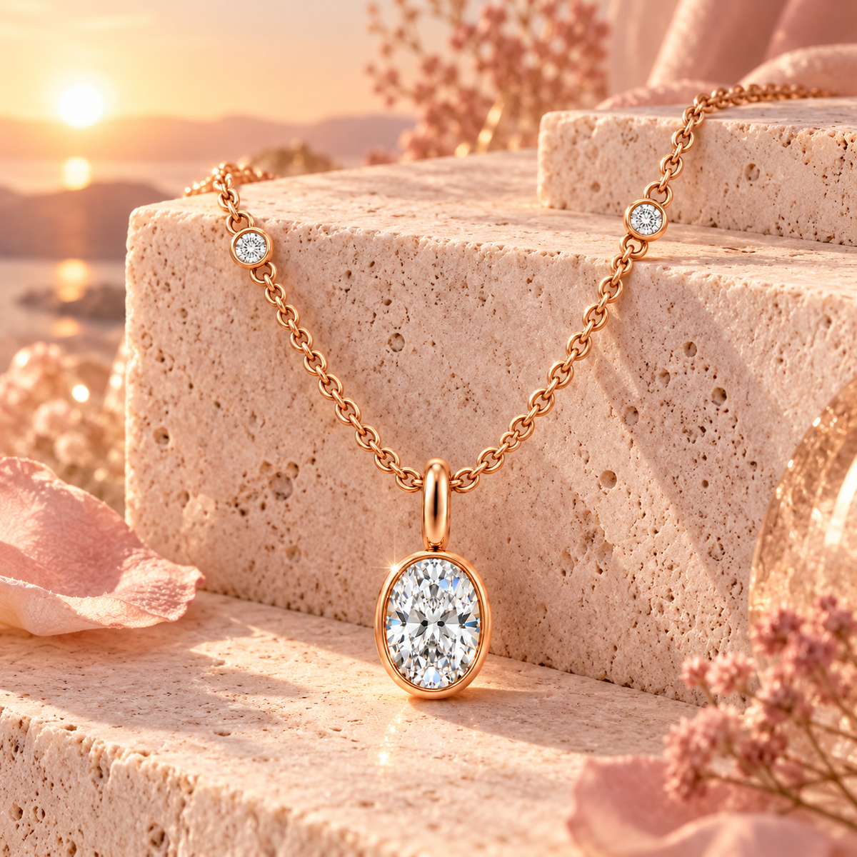 Rose Celestial Orbit Oval Diamond Necklace