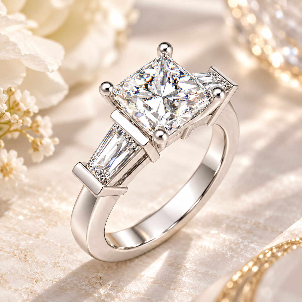ELVORIQUE Eternal Radiance Cushion-Cut Lab-Grown Diamond Three-Stone Engagement Ring – White Gold & Platinum
