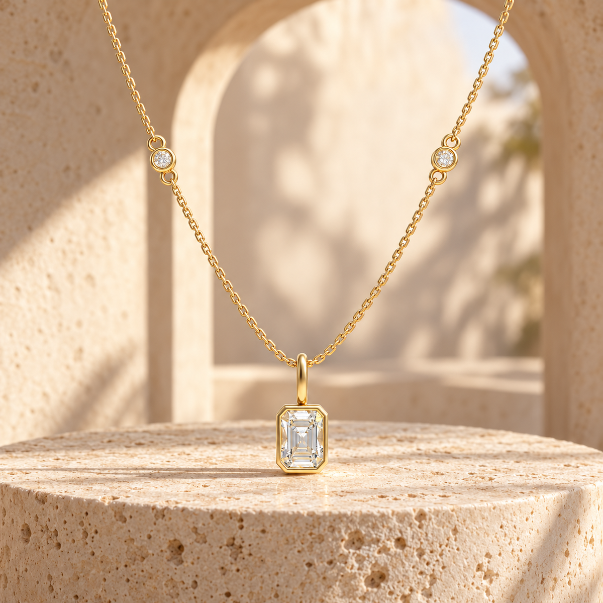 Golden Lucent Frame Emerald-Cut Lab-Grown Diamond Pendant Necklace