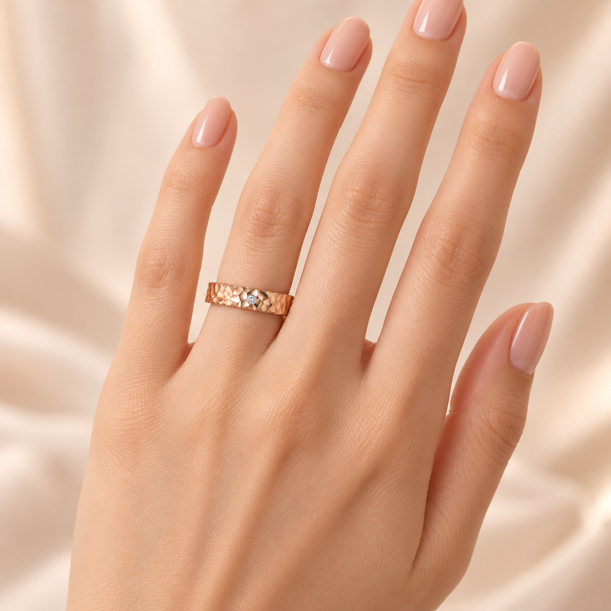 Sculpted Dawn Hammered Rose Gold Diamond Band