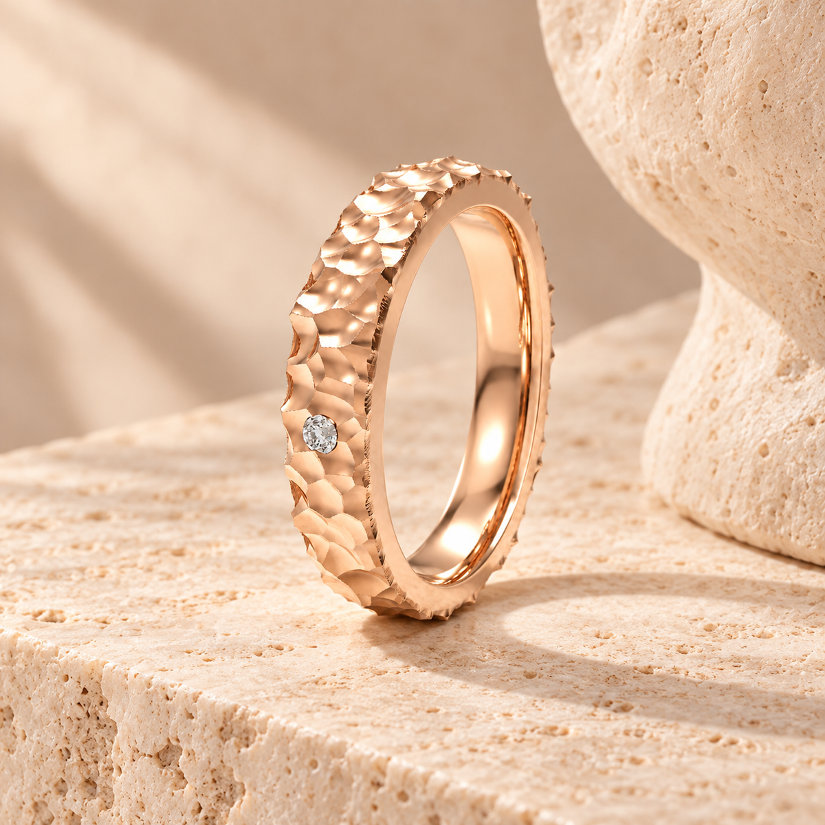 Sculpted Dawn Hammered Rose Gold Diamond Band
