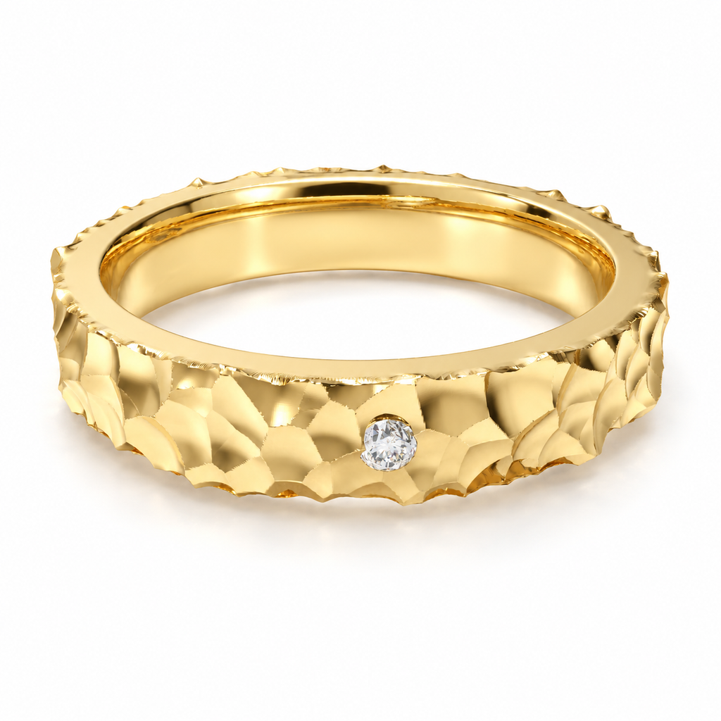 Sculpted Light Hammered Yellow Gold Diamond Band