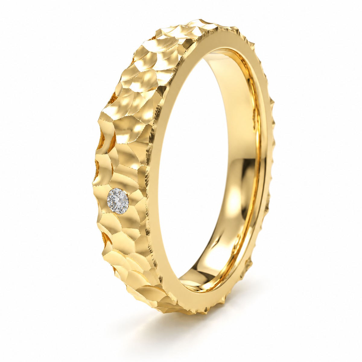 Sculpted Light Hammered Yellow Gold Diamond Band