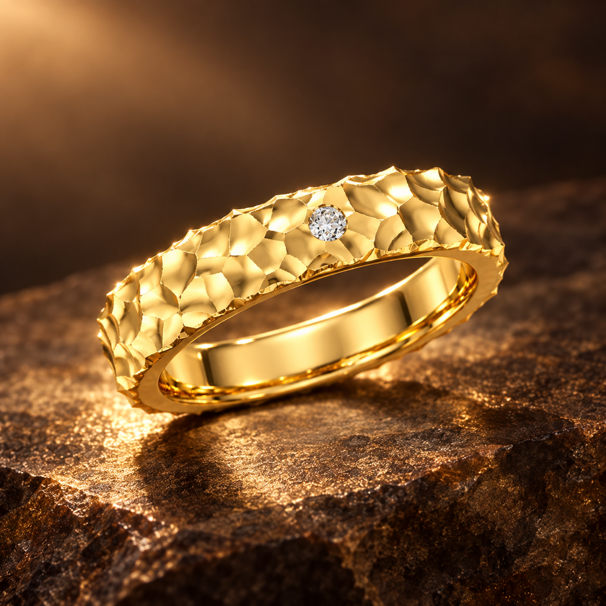 Sculpted Light Hammered Yellow Gold Diamond Band