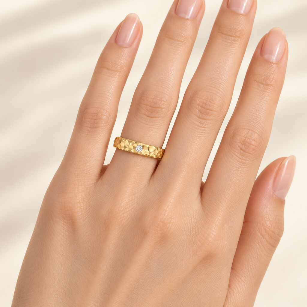 Sculpted Light Hammered Yellow Gold Diamond Band