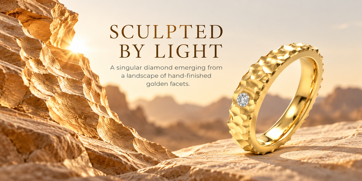 Sculpted Light Hammered Yellow Gold Diamond Band