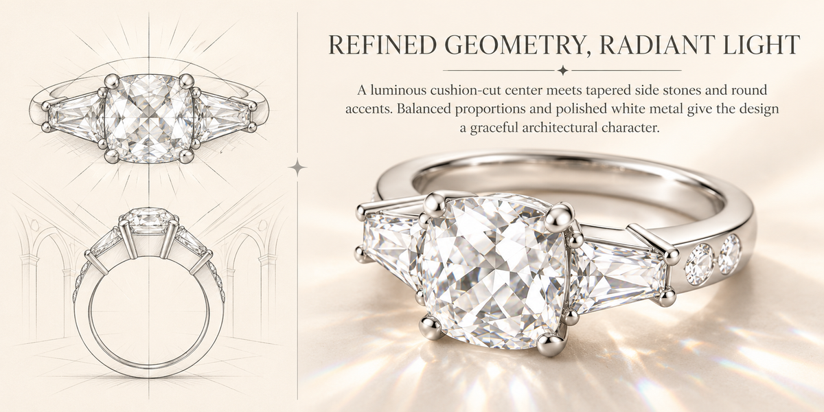 Eternal Radiance Cushion-Cut Lab-Grown Diamond Three-Stone Engagement Ring | ELVORIQUE