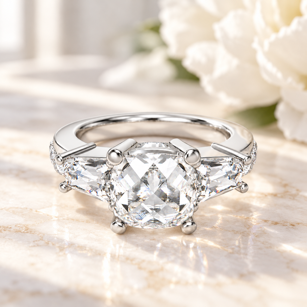 Eternal Radiance Cushion-Cut Lab-Grown Diamond Three-Stone Engagement Ring | ELVORIQUE