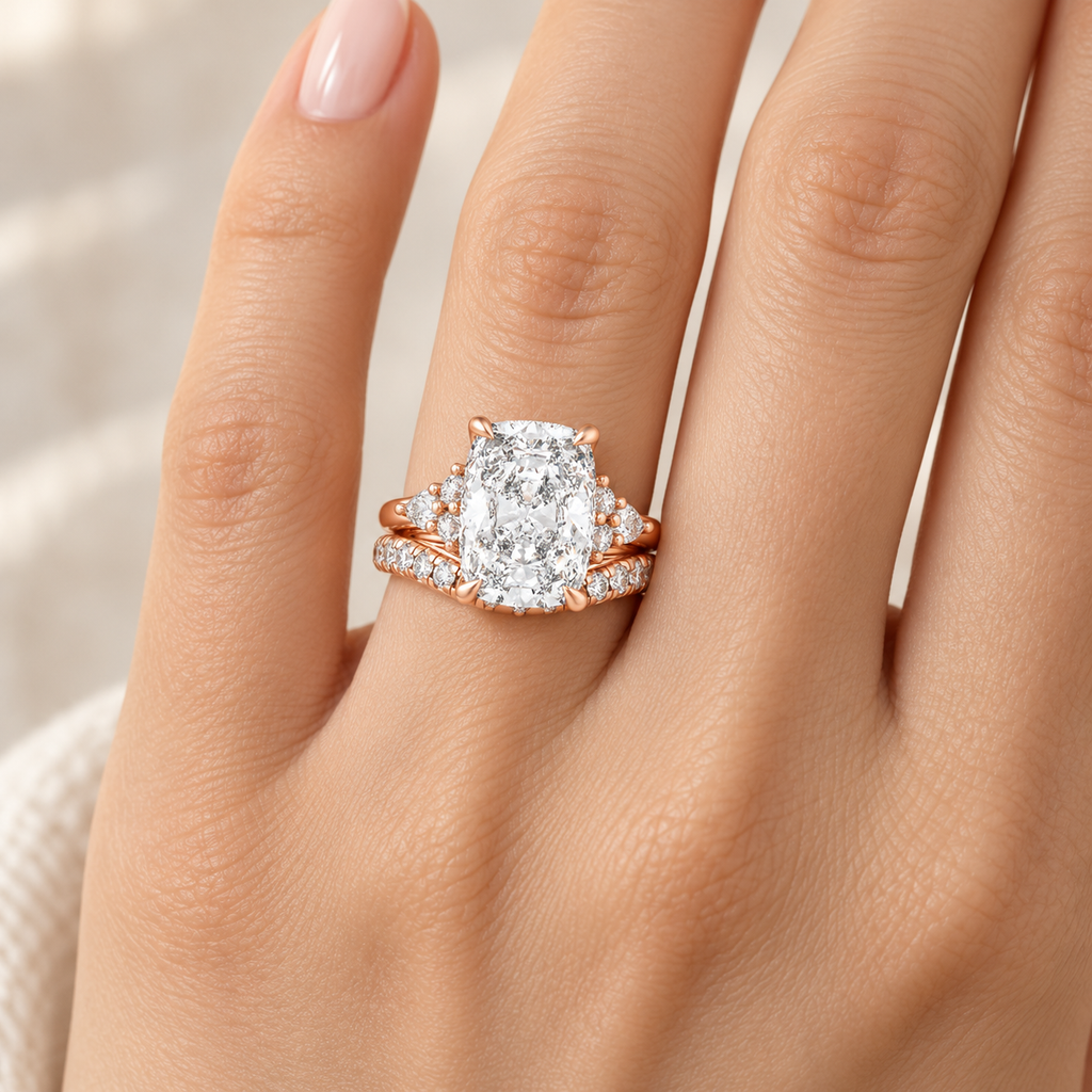 ELVORIQUE 3 Carat Lab-Grown Diamond Bridal Ring Set with Pavé Band in 14K Rose Gold
