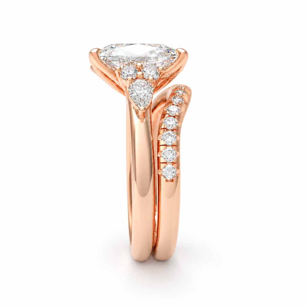 ELVORIQUE 3 Carat Lab-Grown Diamond Bridal Ring Set with Pavé Band in 14K Rose Gold