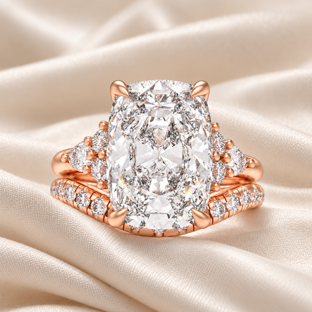 ELVORIQUE 3 Carat Lab-Grown Diamond Bridal Ring Set with Pavé Band in 14K Rose Gold