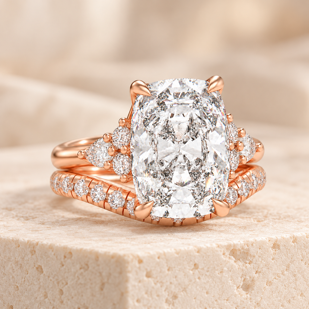 ELVORIQUE 3 Carat Lab-Grown Diamond Bridal Ring Set with Pavé Band in 14K Rose Gold
