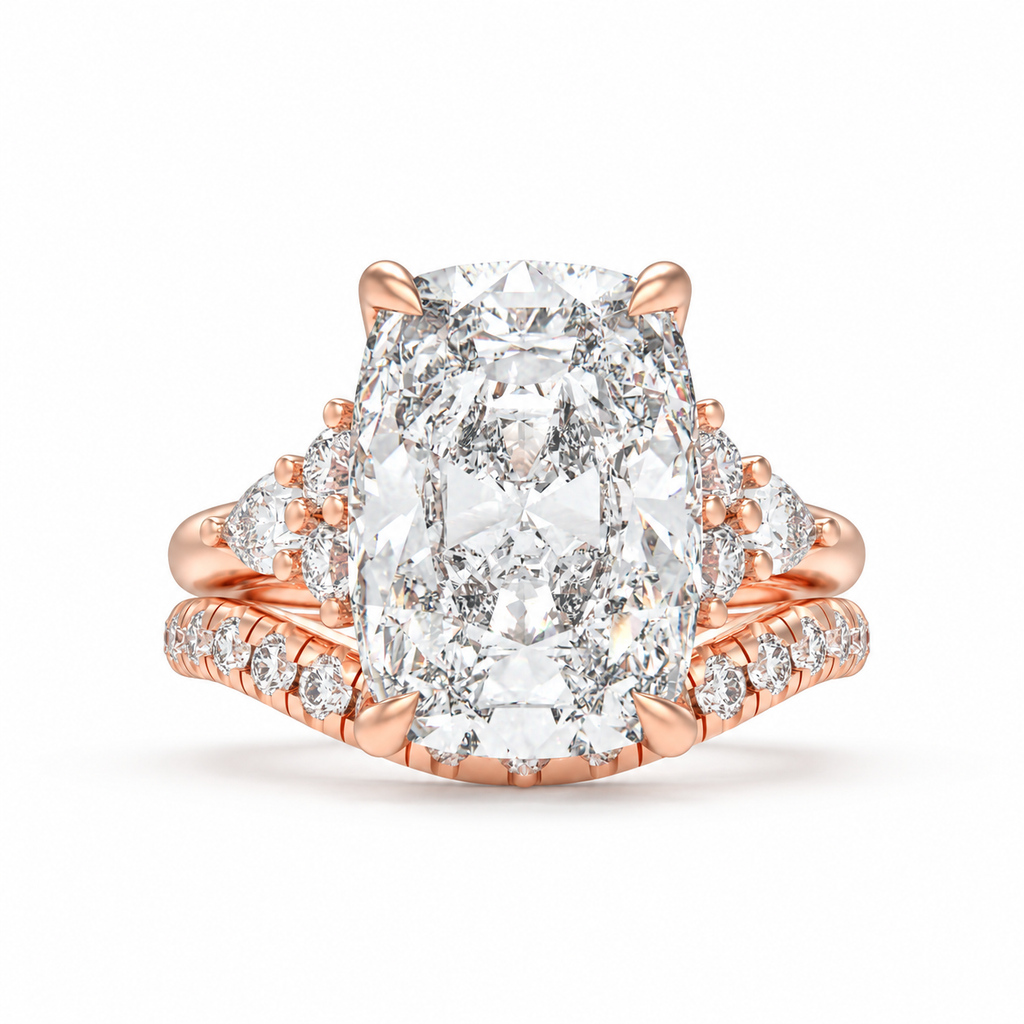 ELVORIQUE 3 Carat Lab-Grown Diamond Bridal Ring Set with Pavé Band in 14K Rose Gold
