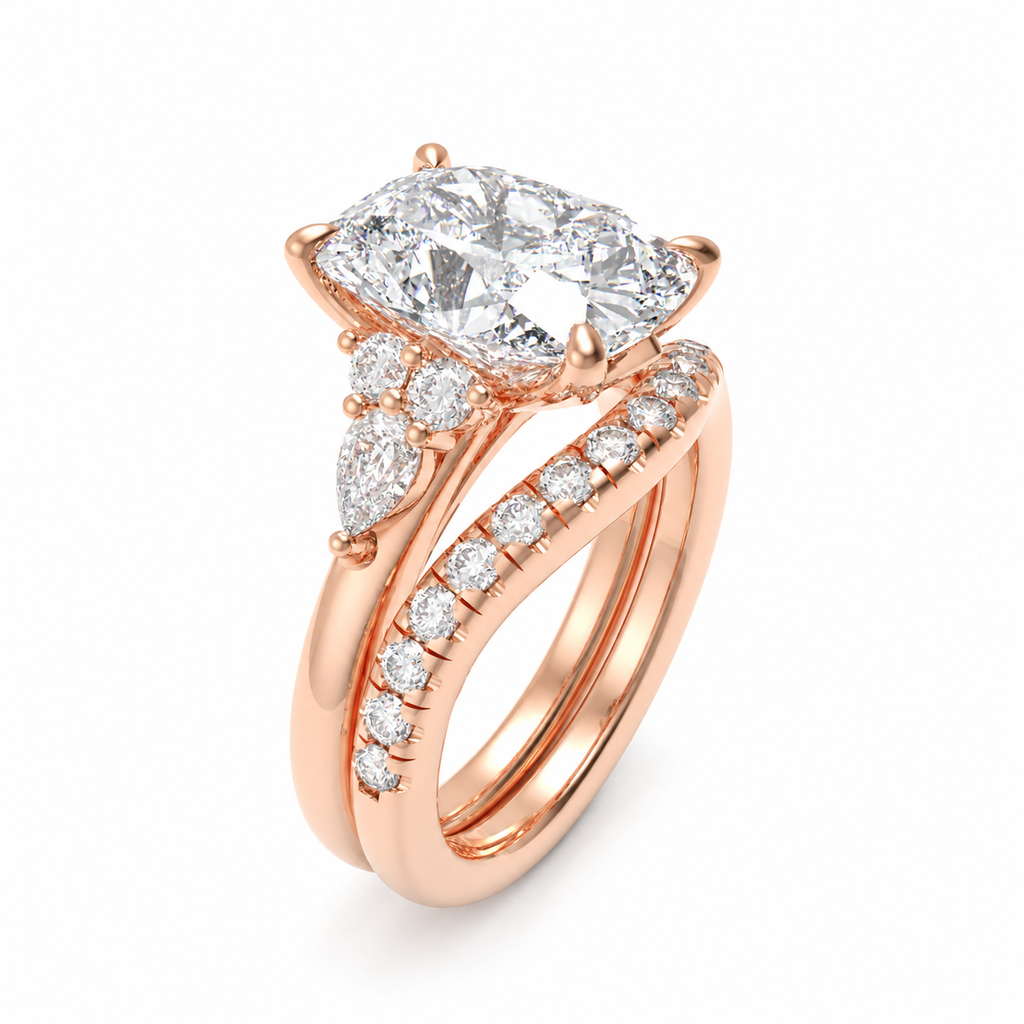 ELVORIQUE 3 Carat Lab-Grown Diamond Bridal Ring Set with Pavé Band in 14K Rose Gold