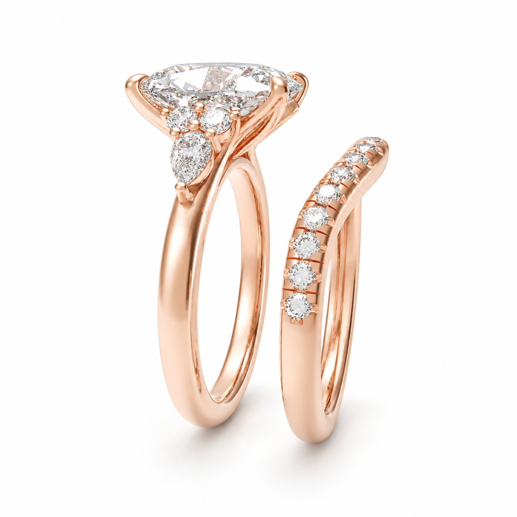 ELVORIQUE 3 Carat Lab-Grown Diamond Bridal Ring Set with Pavé Band in 14K Rose Gold