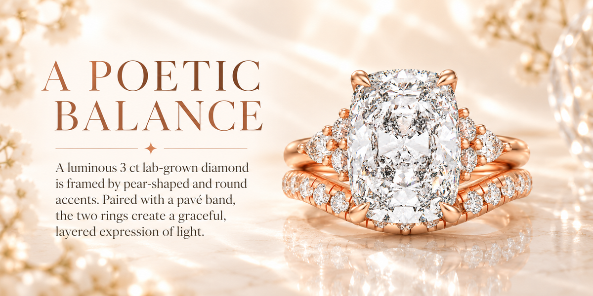 ELVORIQUE 3 Carat Lab-Grown Diamond Bridal Ring Set with Pavé Band in 14K Rose Gold