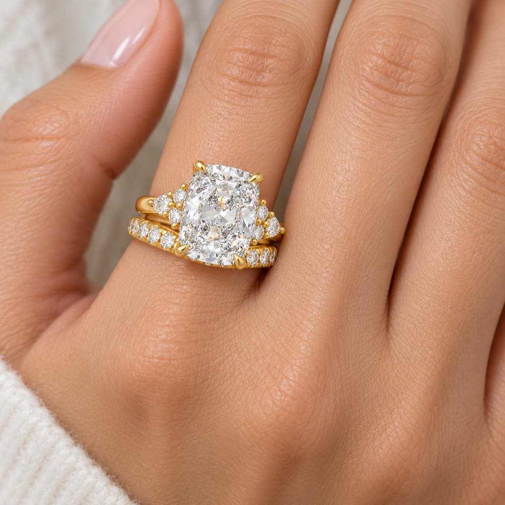 ELVORIQUE 3 Ct Cushion Lab-Grown Diamond Bridal Ring Set in 14K Yellow Gold
