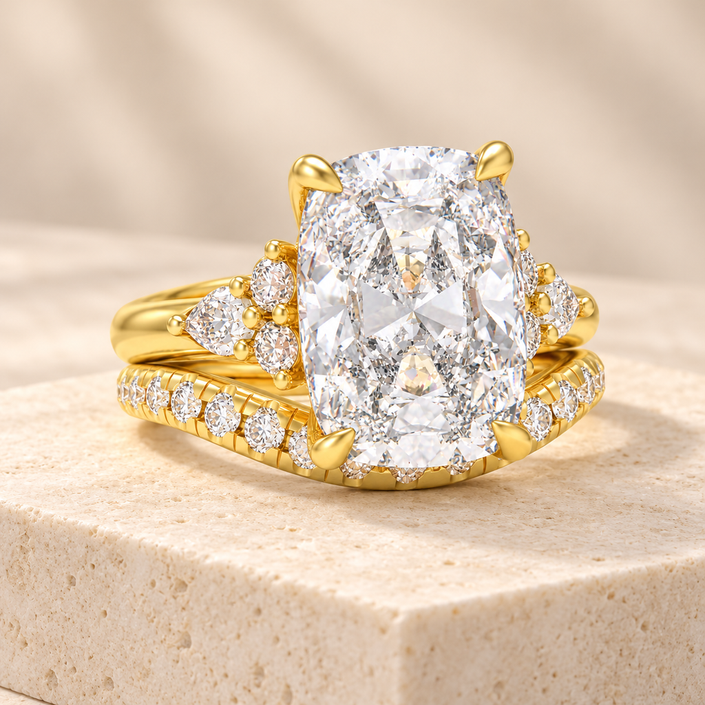 ELVORIQUE 3 Ct Cushion Lab-Grown Diamond Bridal Ring Set in 14K Yellow Gold