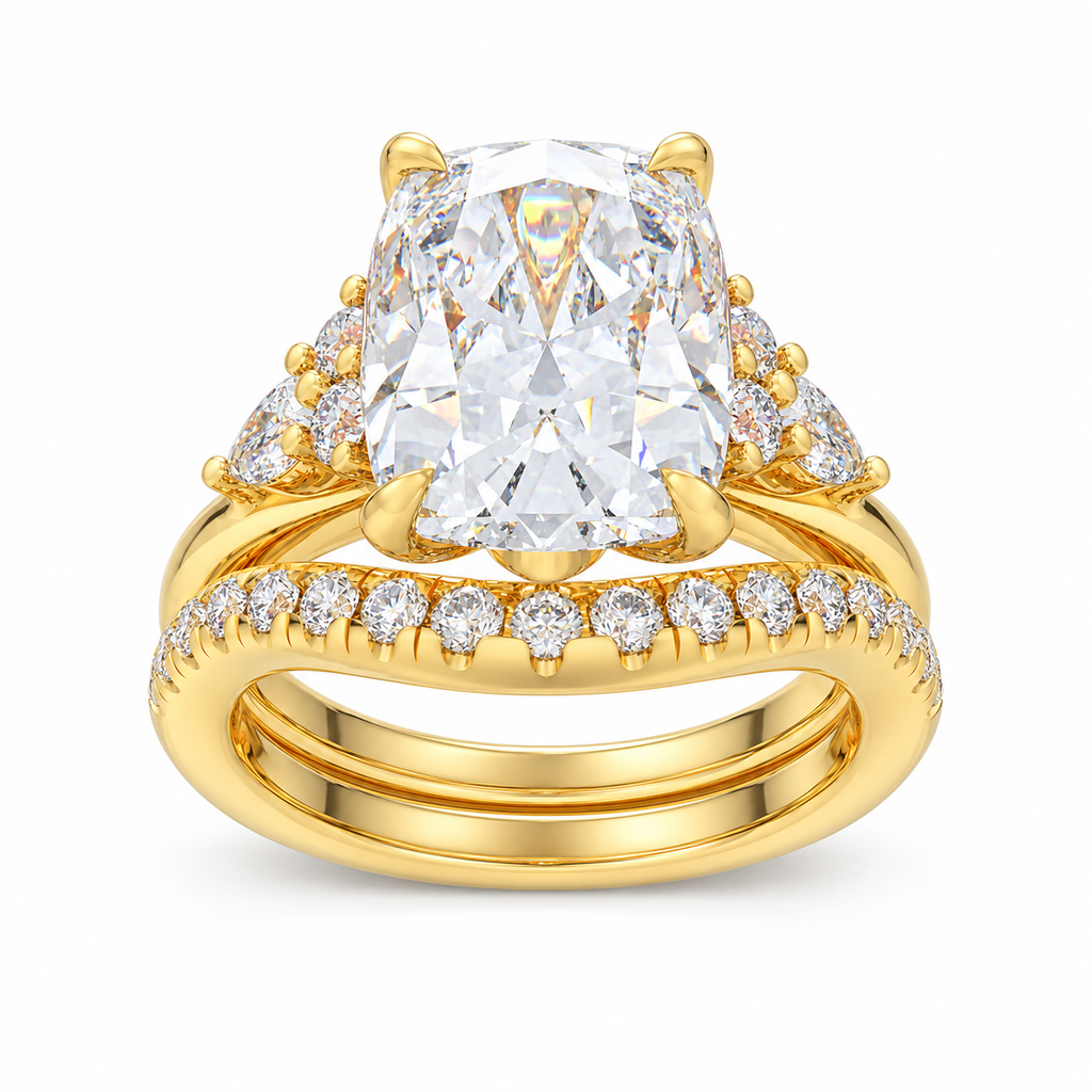 ELVORIQUE 3 Ct Cushion Lab-Grown Diamond Bridal Ring Set in 14K Yellow Gold