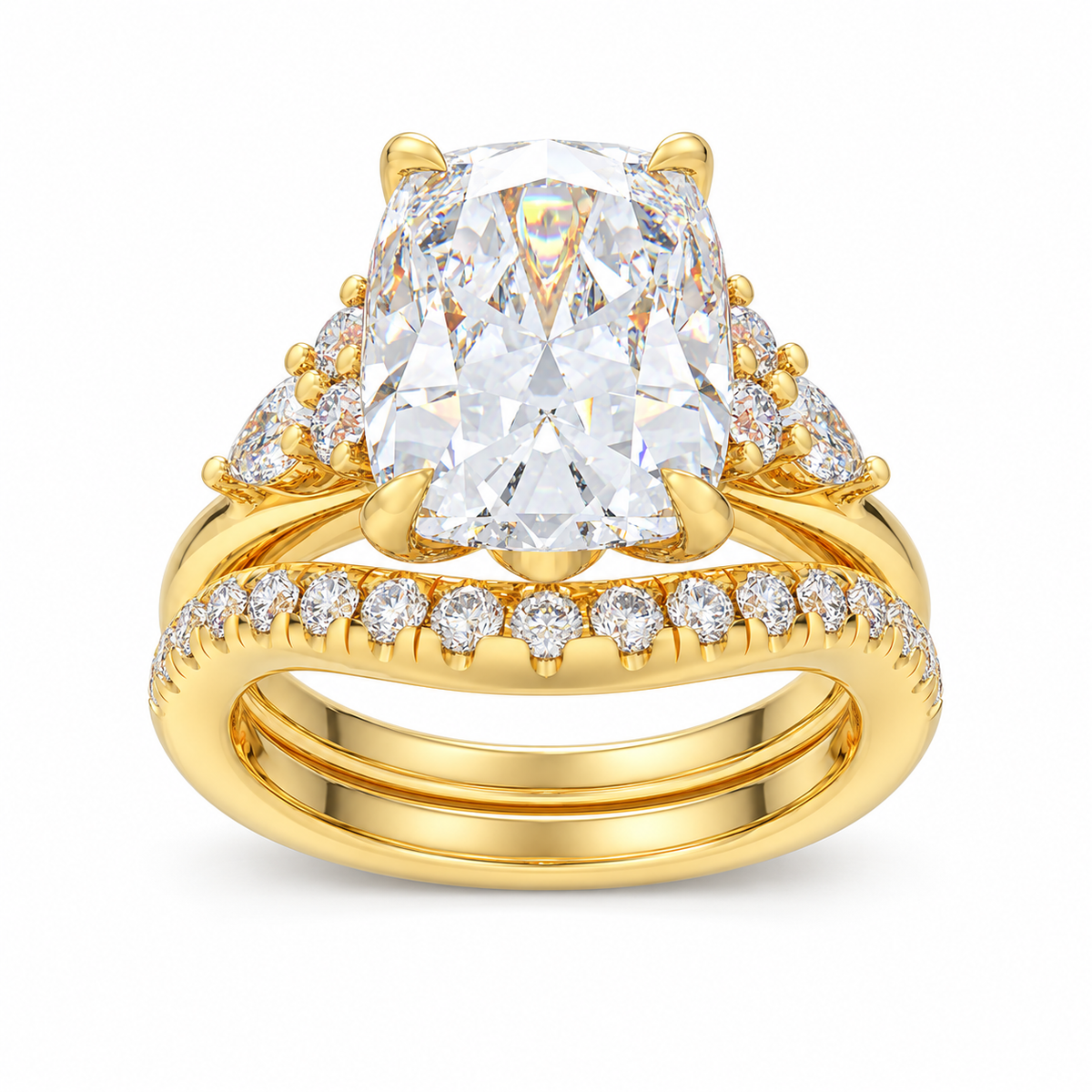 ELVORIQUE 3 Ct Cushion Lab-Grown Diamond Bridal Ring Set in 14K Yellow Gold