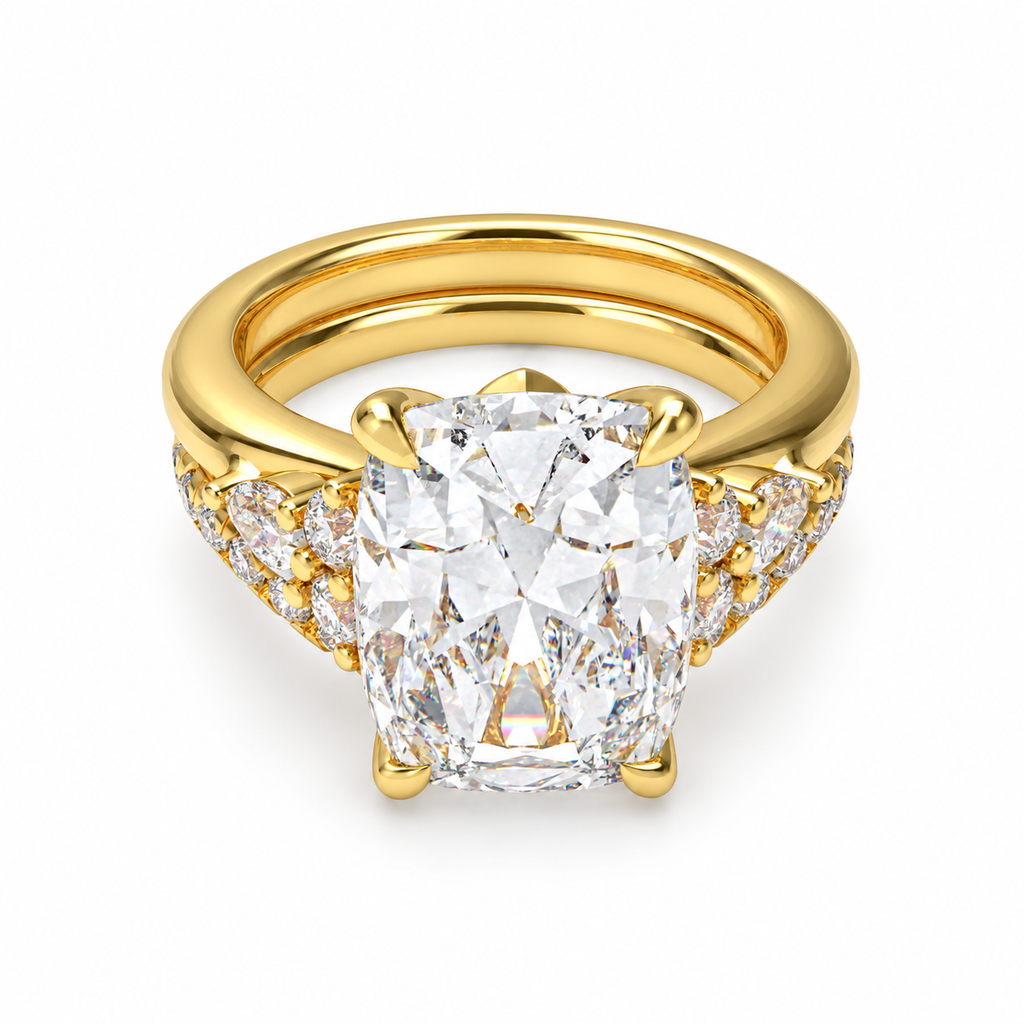 ELVORIQUE 3 Ct Cushion Lab-Grown Diamond Bridal Ring Set in 14K Yellow Gold