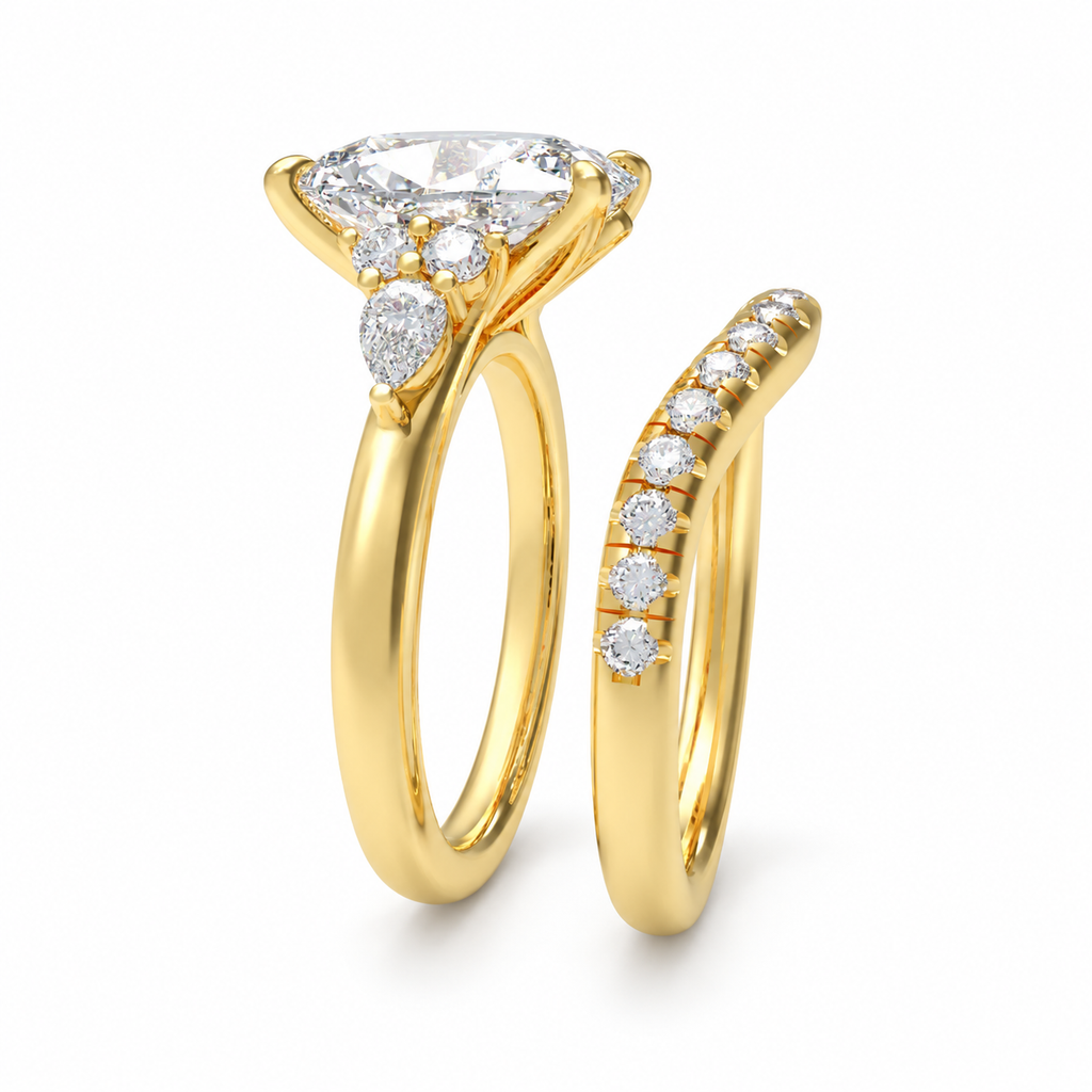 ELVORIQUE 3 Ct Cushion Lab-Grown Diamond Bridal Ring Set in 14K Yellow Gold